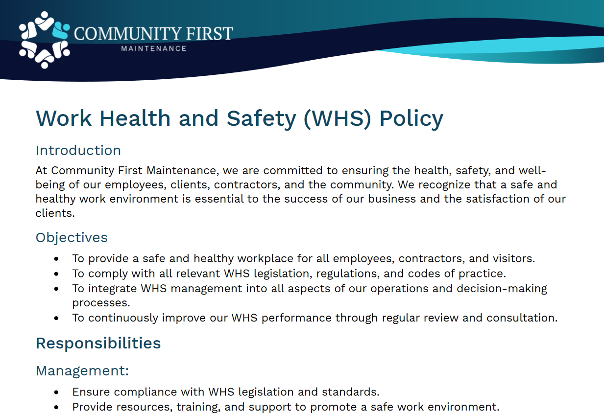 Community First Work Health and Safety Policy